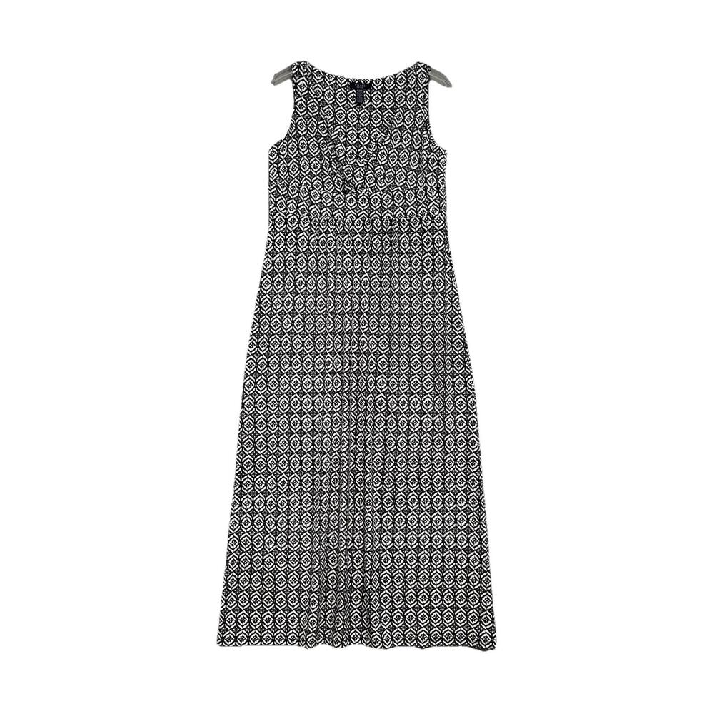 Chaps Maxi Dress XL Black White Geometric Print Stretchy Empire Waist
